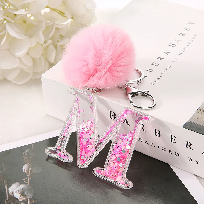 1PC Women Keychains 26 Glitter Pink Hollowedout Words Handbag English