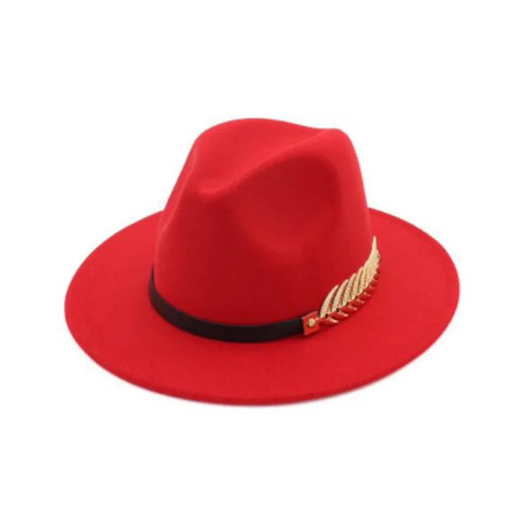 red Мода металлические листья фетровая шляпа женская шерстяной джазовый шляпа осень-зима Британский Винтаж круглый Кепки котелок фетровые Шапки теплые Для женщин Для мужчин - Цвет: red