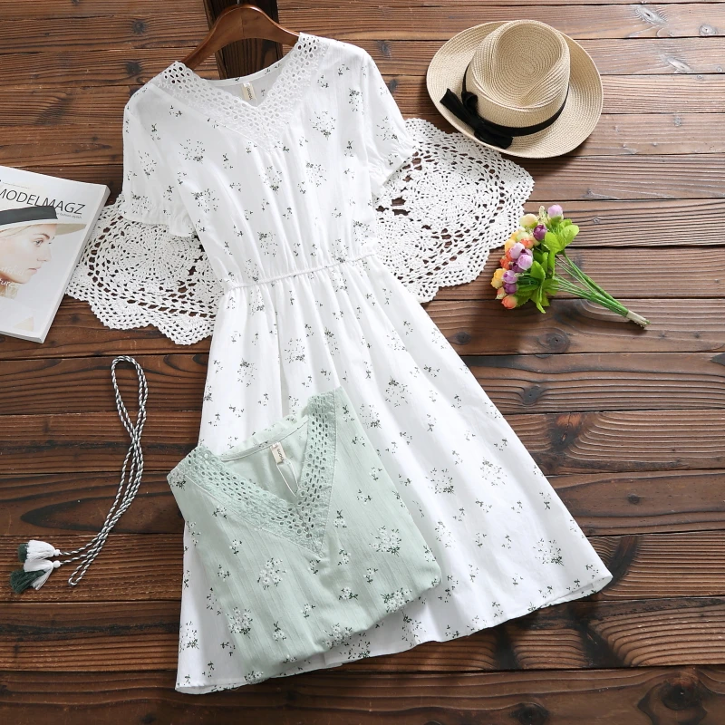 Robe Femme, летнее женское платье с коротким рукавом и v-образным вырезом, хлопковое льняное платье с цветочным принтом, винтажное платье для девочек, DV936