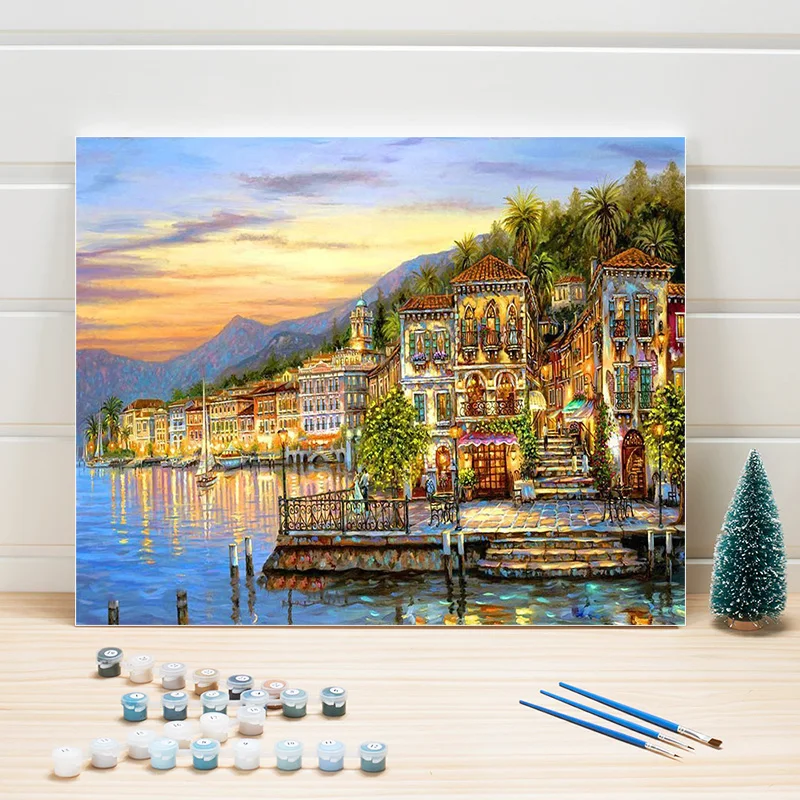 Порт пейзаж Рисование по номерам DIY акриловые краски набор для рисования на холсте Ручная роспись стены Искусство для гостиной взрослых 40 × 50