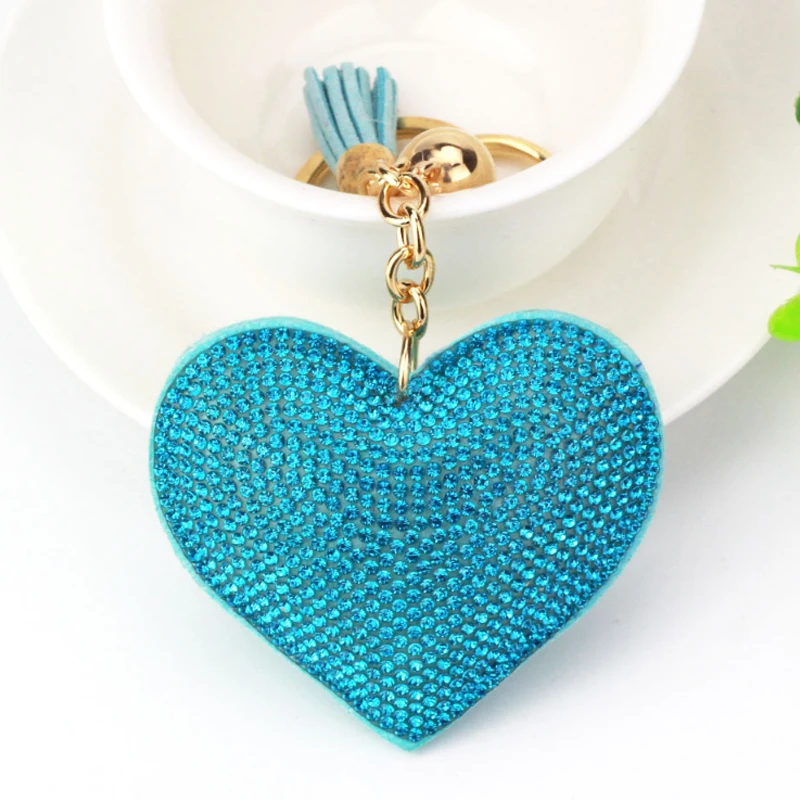 Fashion Keychain Heart Shape Female Full Glass Beads Key Covers Mosaic Leather Fringed Key Chain Car Ring Cap Gift - Color: 18