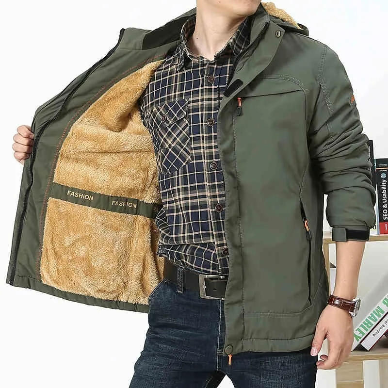 

Army Green Jacket Men Plus Size Loose Hat Detachable Zipper Casual Outerwear Brand Winter Warm Long Sleeve Mlitary Army Jacket