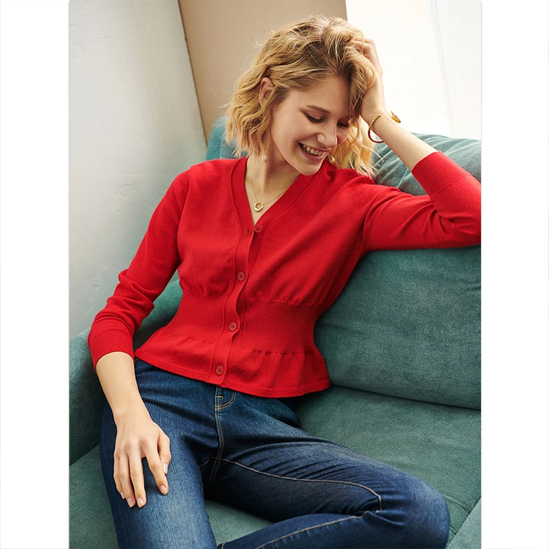 

2019 Autumn Women red Lace Up Waist Cardigans Women Deep V Neck Cropped Cardigan soft sweater Drop Shoulder Ribbed Knit Cardigan