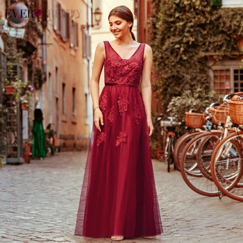 

Burgundy Prom Dresses Long Ever Pretty Beaded A-Line V-Neck Sleeveless Appliques Tulle Formal Party Gowns Vestido De Festa 2020