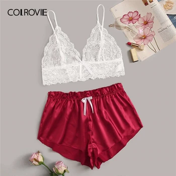 

COLROVIE Plus Size Floral Lace Cami Top With Satin Shorts Women Bralettes Sexy Lingerie Set 2020 New Summer Ladies Bra Set