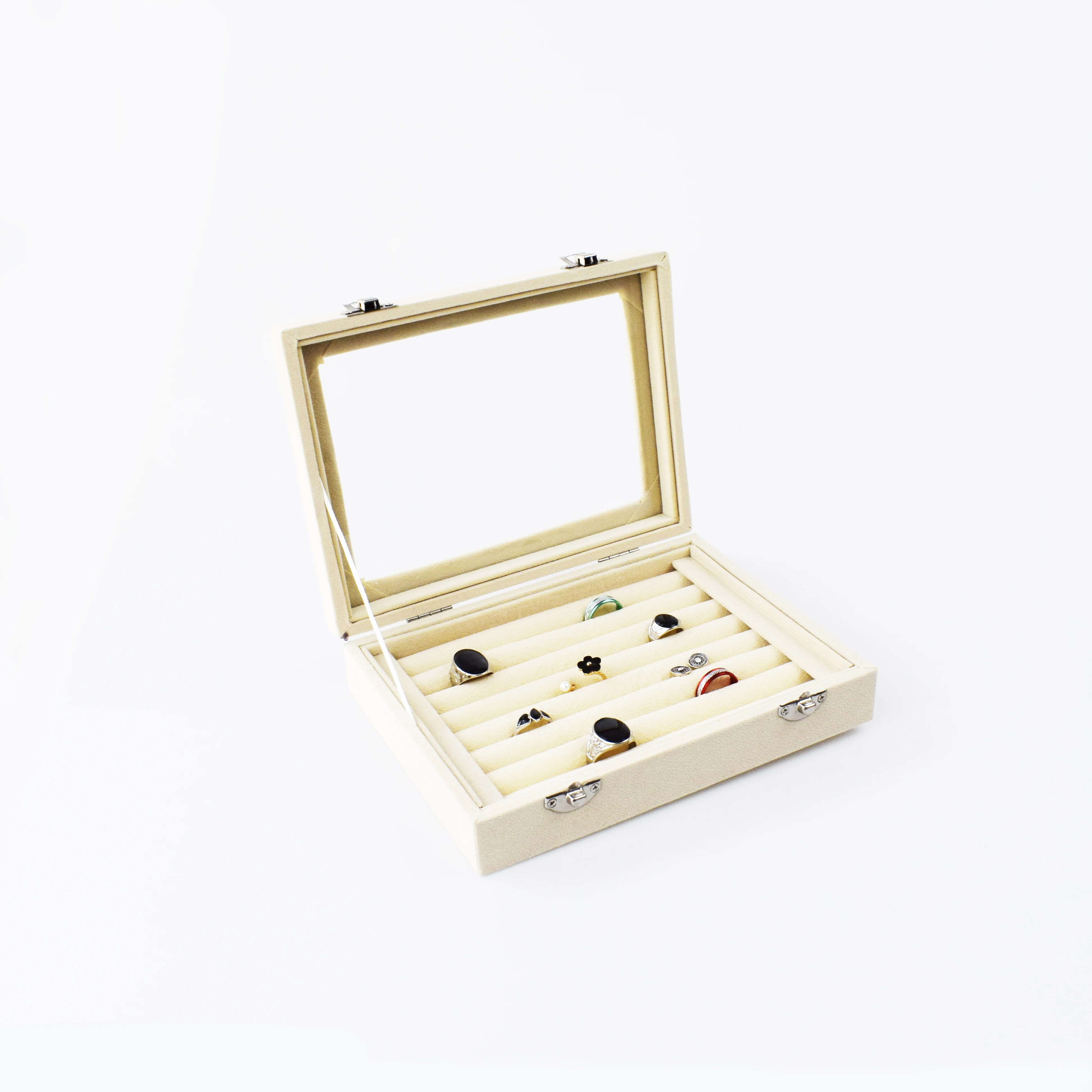 

SZanbana Beige 7 Slots Velvet Ring Display Box Earring Organizer Jewelry Tray Cufflink Storage & Show case with Clear Glass lid