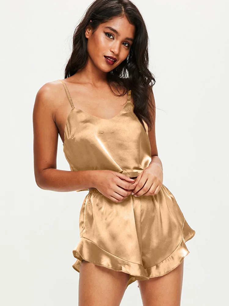 women pajamas set two pieces nightwear sexy silk short pyjamas women sleepwear v-neck sleeveless  top and pants  home clothes (2)