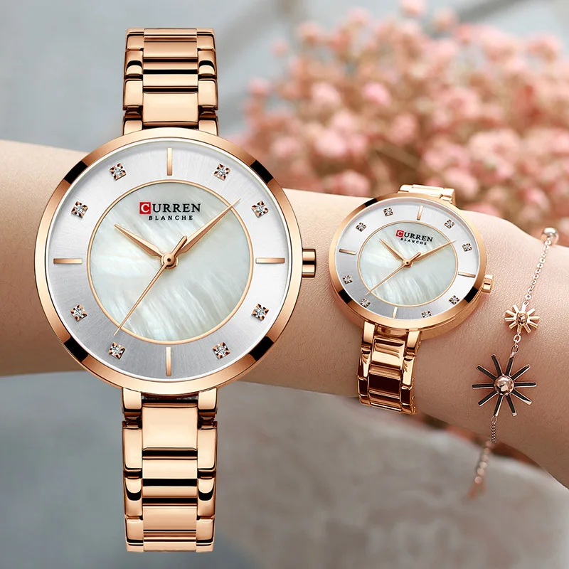 

CURREN Ladies Watches Fashion Elegant Quartz Watch Women Dress Wristwatch with Rhinestone Set Dial Rose Gold Steel Band Clock