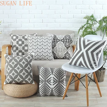 

Home Decor Emboridered Cushion Cover Grey Pink Geometric Canvas Cotton Suqare Embroidery Pillow Cover 45x45cm