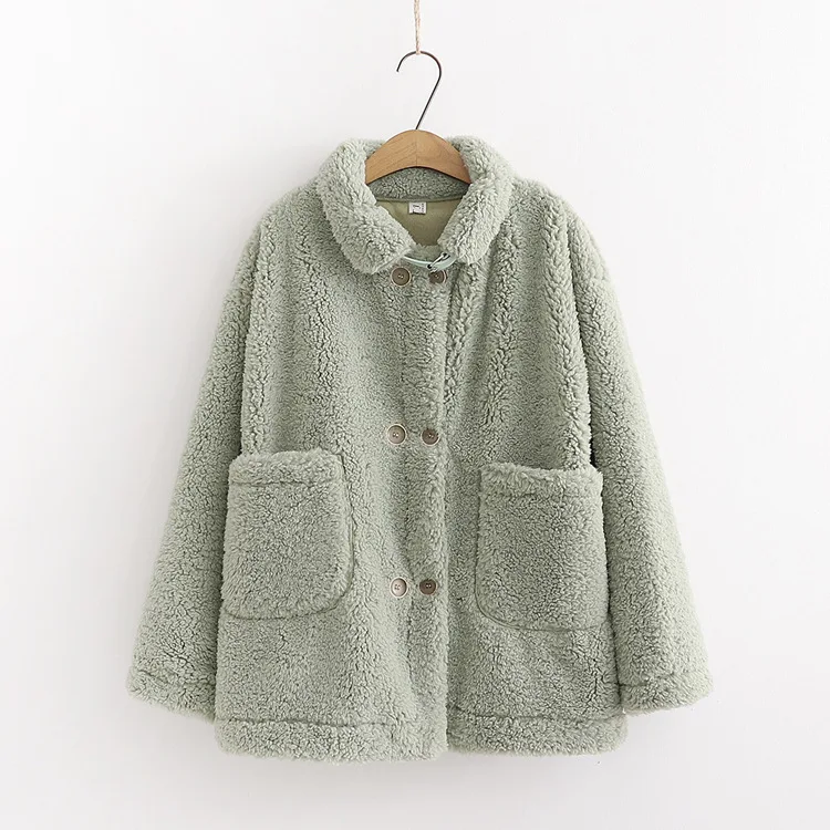 

Korean-style Versatile Fashion Loose Fold-down Collar Double Breasted Large Pocket Lambs Wool Coat Student Cotton-padded Clothes
