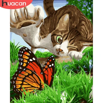 

HUACAN Painting By Number Cat Animal Drawing Canvas Acrylic Handpainted Wall Art Pictures By Number Butterfly Gift Home Decor