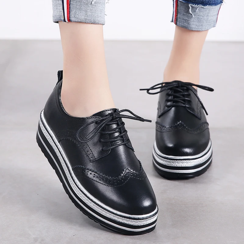 

British style women's shoes thick-soled platform shoes women's black single shoes leather cloth flat heel increased casual shoes