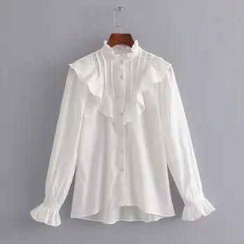 

women ruffle white shirts summer 2020 thin long sleeve solid stand collar elegant office ladies blouses Dropshipping