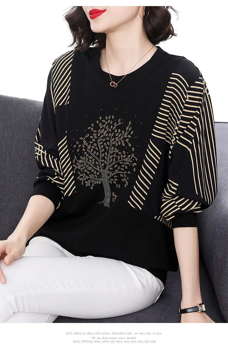 T-shirt a maniche lunghe da donna Autunno nuova camicia a pipistrello oversize allentata Camicetta da madre di mezza età_voghion.com