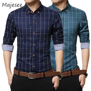 

New Trendy Men Long Sleeve Shirt Cotton Slim Plaid Mens Single Breasted Shirts Male Clothing Fashion 8 Colors Soft Plus Size