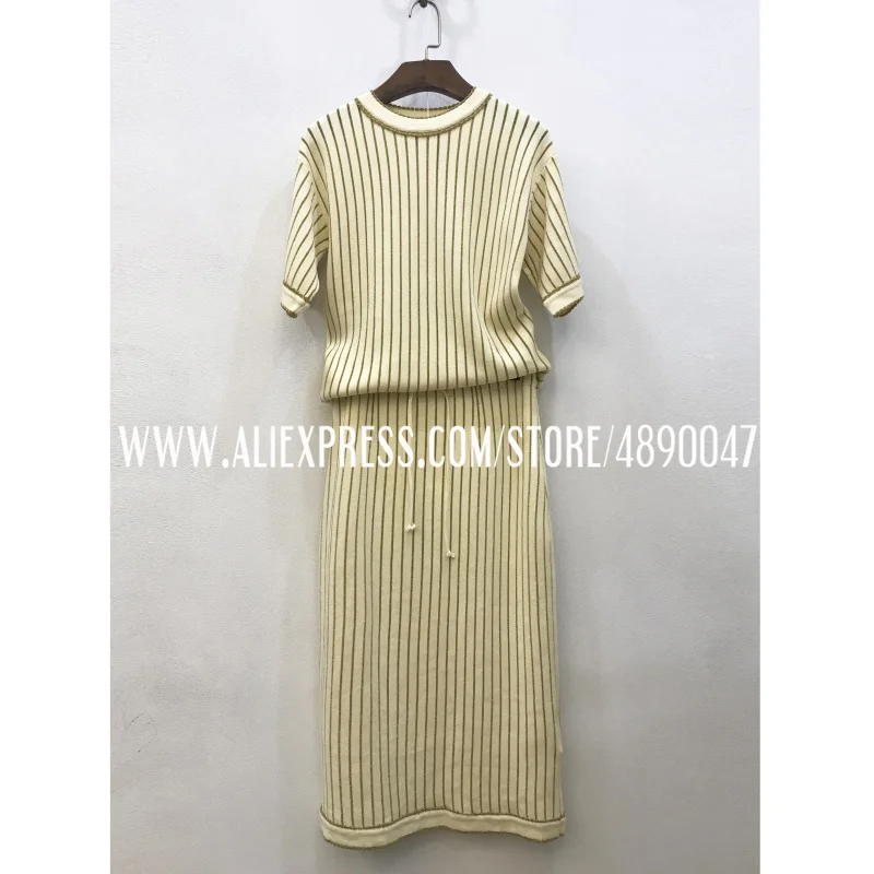 

Women's Sweater Short Sleeve Sweater+Long Skirt Spring Autumn Striped Gold Knit Wool Sweater with Elastic Waist Skirt