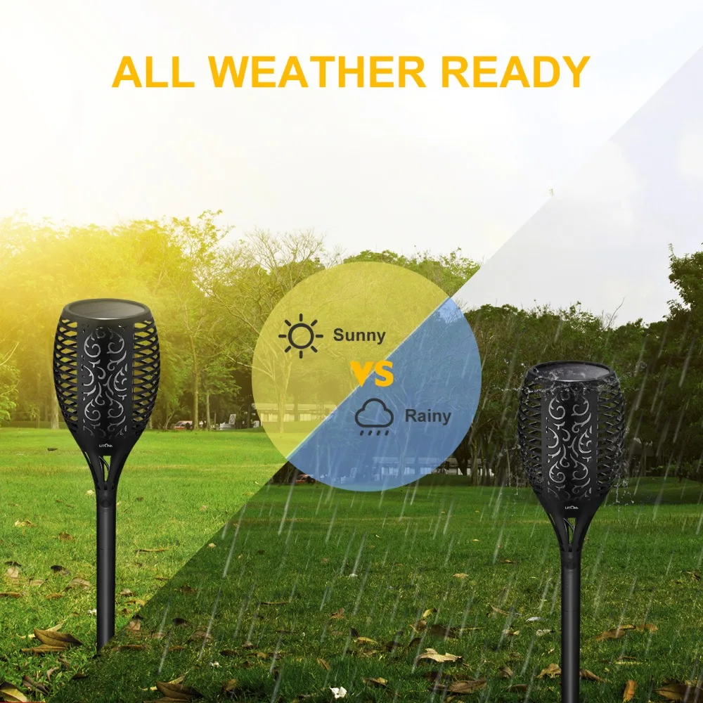 4 Pack LITOM 96 LED Solar Powered Light Torch Dancing Flame Flickering Light Atmosphere Light for Xmas Path Patio Beach Garden (4)