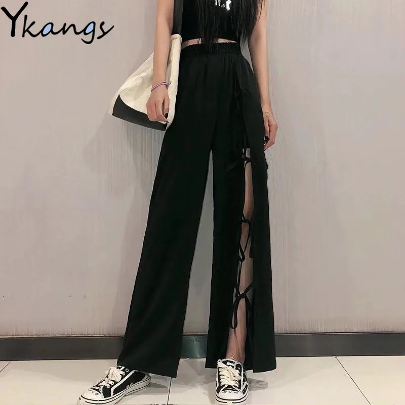 

Loose High Waist Pants Wide Leg Pants Hollow Out Bow Woman Black Pants Casual Women Hip Hop Streetwear Gothic Ladies Trouasers