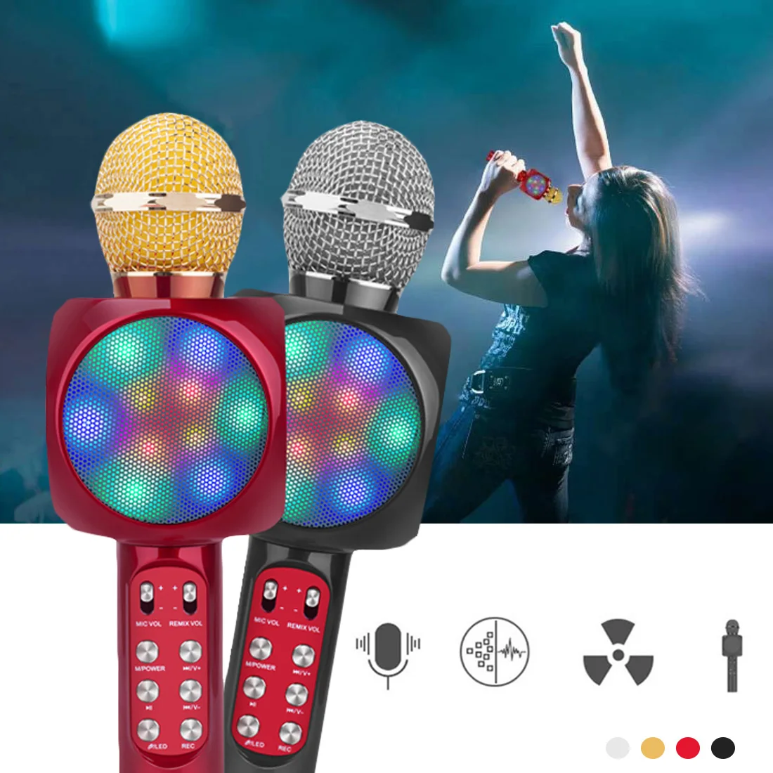 

Karaoke Microphone Microphone with LED light ,4 in 1 Wireless Handheld Bluetooth FM broadcast function, Dancing LED Lights