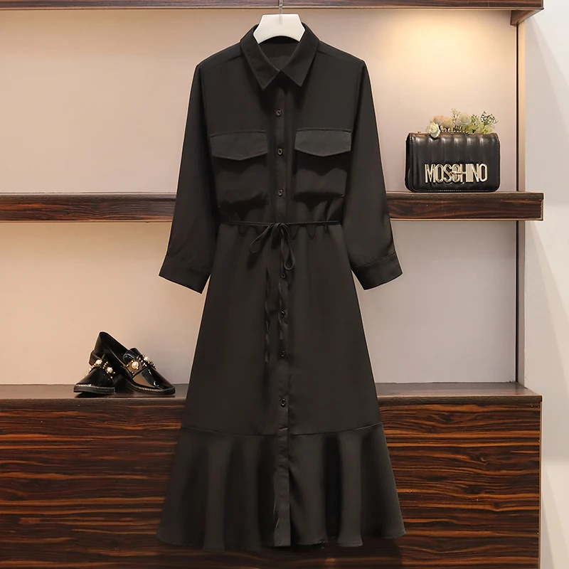 Black XL-5XL плюс размер женское Элегантное Длинное Платье-рубашка осень корейская мода с длинным рукавом однобортные женские платья с оборками - Цвет: Black