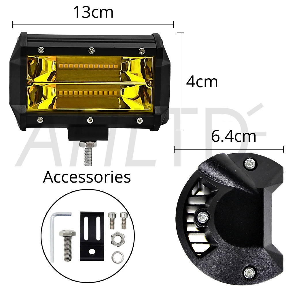 Желтый рабочий светильник, 72 Вт, 5 дюймов, противотуманный светильник, фара для вождения, внедорожный, водонепроницаемый, IP67, для джипа, вездехода, автомобиля, внедорожника, мотоцикла, грузовика, 12 В/24 В