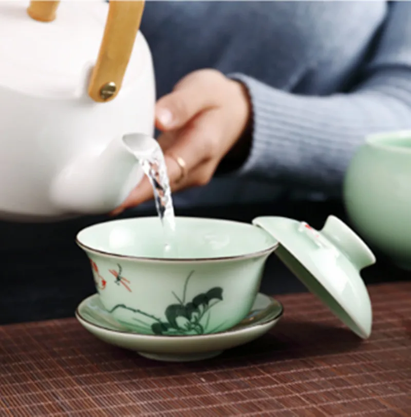 Тисненый Лотос рыба Gaiwan ручная роспись чайный тюрен Longquan узор крышка чайные чаши