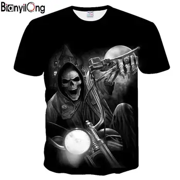 

BIANYILONG 2018 t shirt men Fashion T-shirt men's 3d Tshirt Short sleeve shirt funny Riding a motorcycle skull print tops tee