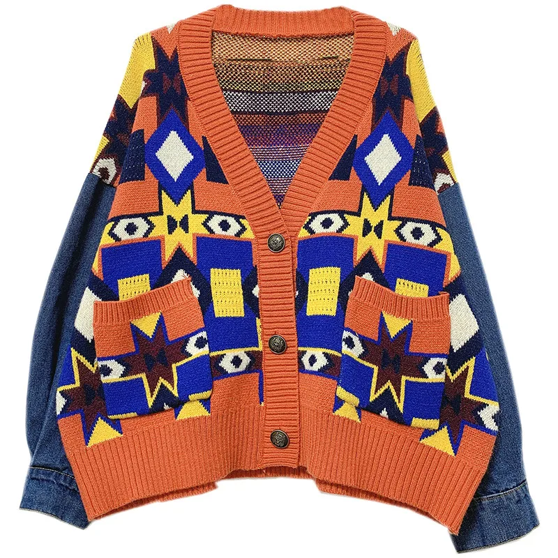 

New Arrivals Knitted Sweater Mulicolor Geometric Figure Denim Patchworkb Oversized Knitwear Female Loose Coat Jacket Woman