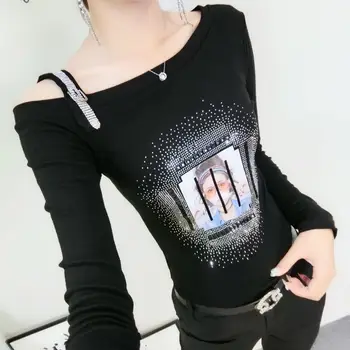 

Korean Tshirt 2019 Autumn Winter Women Long Sleeve Diamonds Print Irregularity Top Shirt Camiseta Mujer Bottoming Shirt T98511