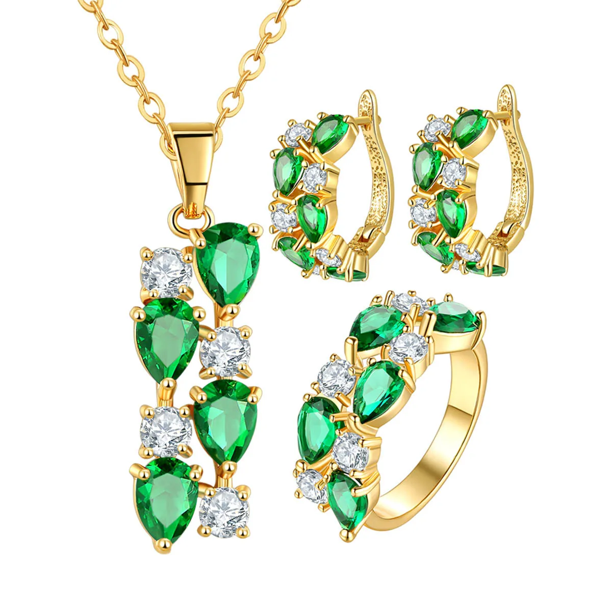 

KERASTASE Accessories Mona Lisa Set Green Copper Gold Plated Three-piece Set AAA Zircon Necklace Ear Clip Set