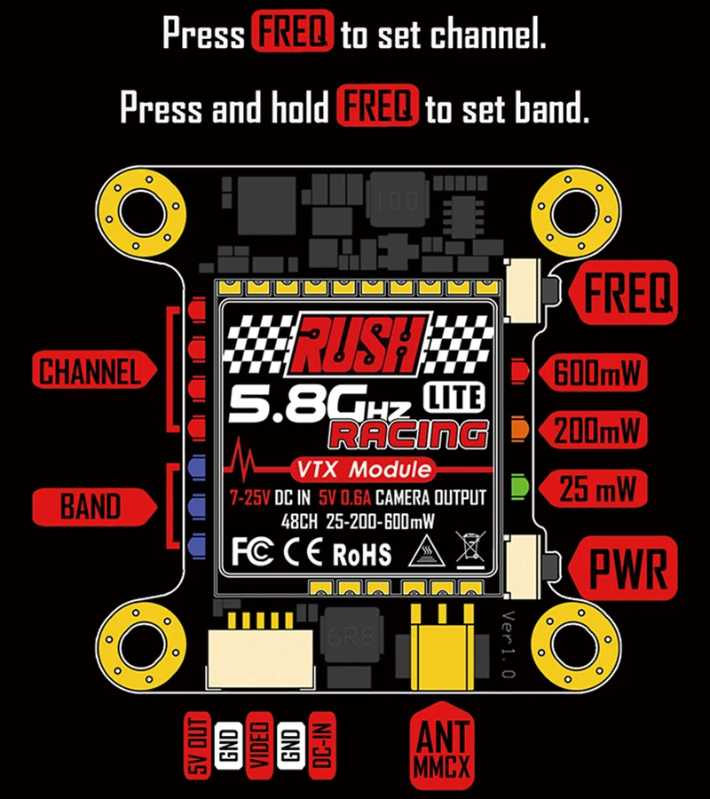 Раш VTX LITE 5,8G 48CH 25 mW/200 mW/600 mW переключаемый гоночный AV передатчик RaceBand/lowracing для Flytower RC FPV Мультикоптер