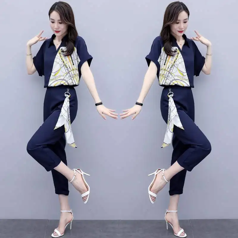 Женский офисный костюм из двух предметов повседневный комплект топа с принтом и