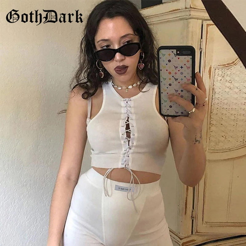 

Goth Dark Bandage Gothic Bodycon O-Neck Sleeveless Women's Tanks Fashion Summer 2020 Basic Party Club Female Tank Top Chic