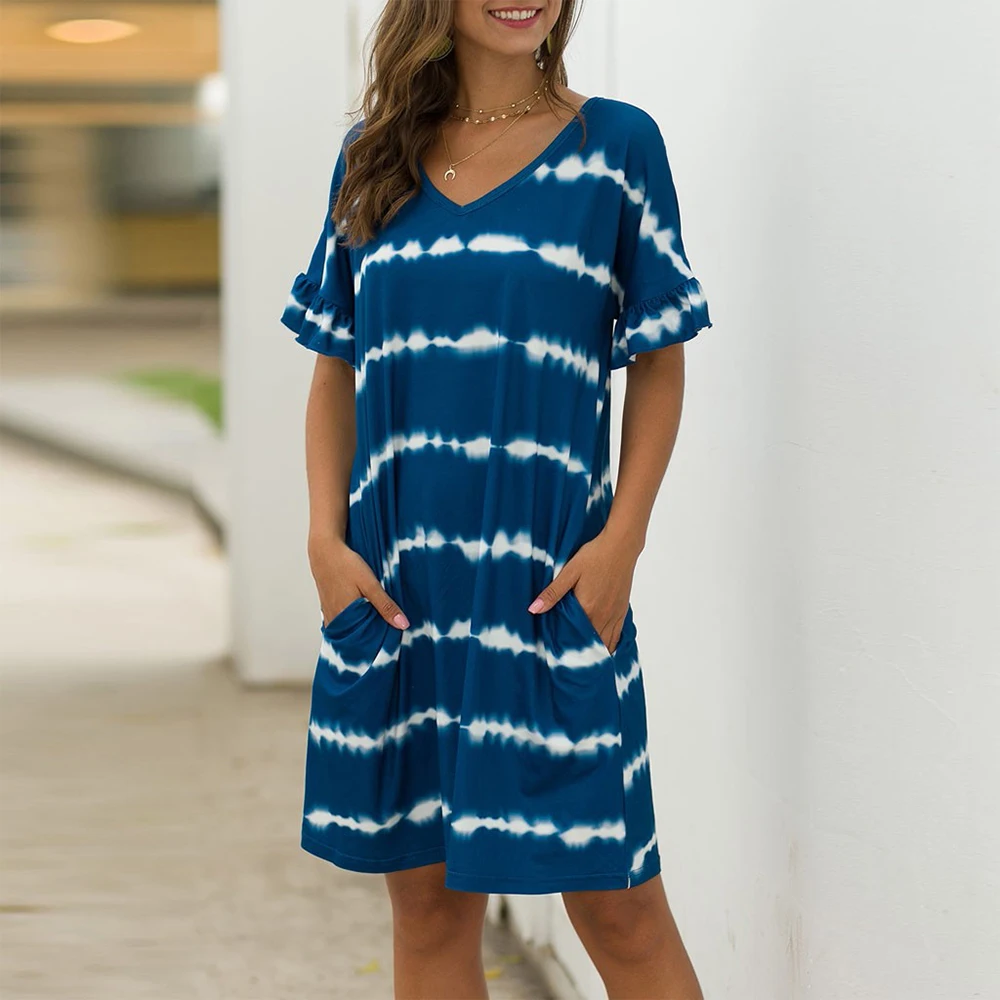 Short Sleeve Ruffle Dress Respctful Women V Neck Button Ruffle Loose Swing Casual Mini Dress