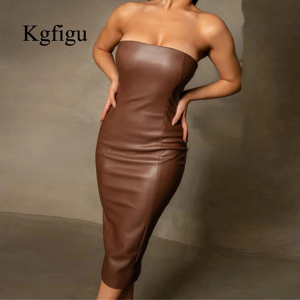 KGFIGU 2021 New Arrival Brown Solid Color Vestidos Sleeveless Strapless Outfit Skinny Elegant Party Night Long Dresses For Women