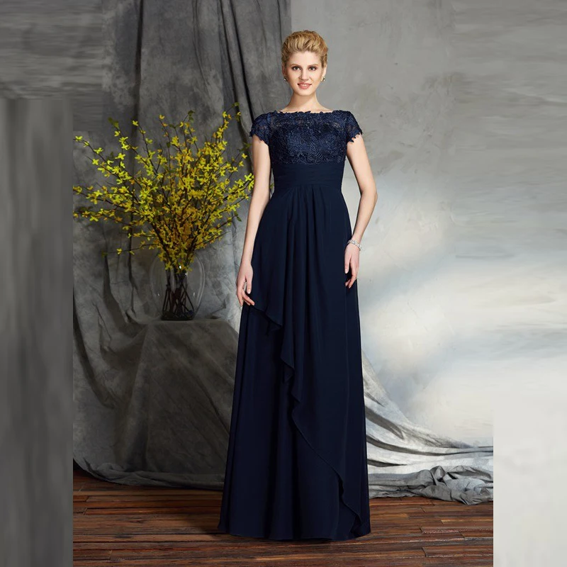 Женское шифоновое платье до пола элегантное темно-синее кружевное с круглым