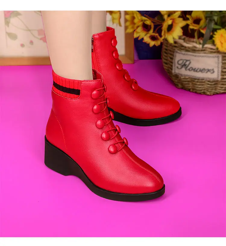 Knöpfe rote Keil Socken Stiefel für Frauen Winter Fell gefüttert Kunstleder Schuhe weibliche Stiefeletten Damen Stiefeletten Frau Plattform Stiefel – Detail 10