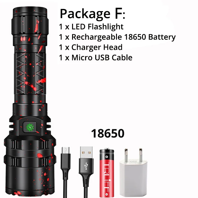 Package F Профессиональный тактический светодиодный светильник с подзарядкой от USB 18650 26650 фонарь на батарейках водонепроницаемый охотничий светильник XHP50.2 Xlamp - Испускаемый цвет: Package F
