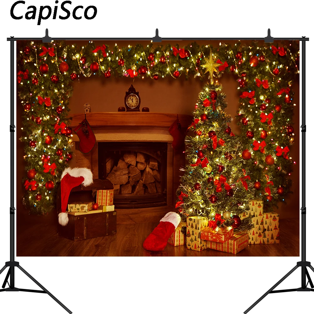 

Capisco Christmas Tree Photography Backdrop Fireplace Indoor Background Photobooth Decorations Photo Studio Portrait Props