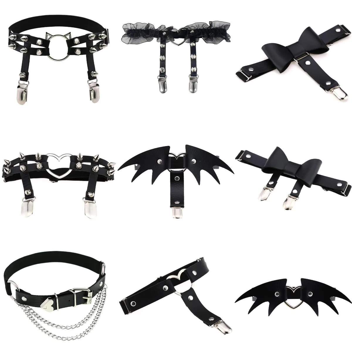 

New Elastic Punk Goth PU leather Heart rivet Garter Belts Leg Neck Ring Adjustable high Stokings Clip Harness Garter Suspender