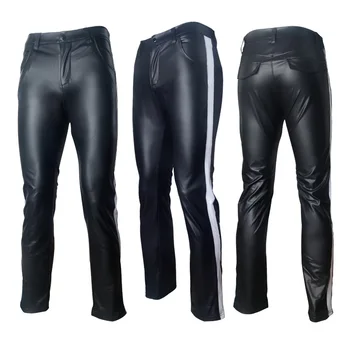 

New Arrival Mens Korean Gothic Punk Fashion Faux Leather Pants PU Hip Hop Striped Black Leather Trousers Male