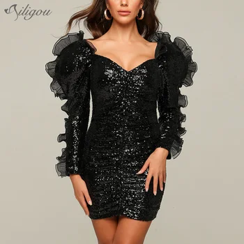 

Ailigou 2020 Summer New Ladies Celebrity Party Dress Vestidos Sexy Ruffled Black Long Sleeve Sequined Mini Luxury Club Dress