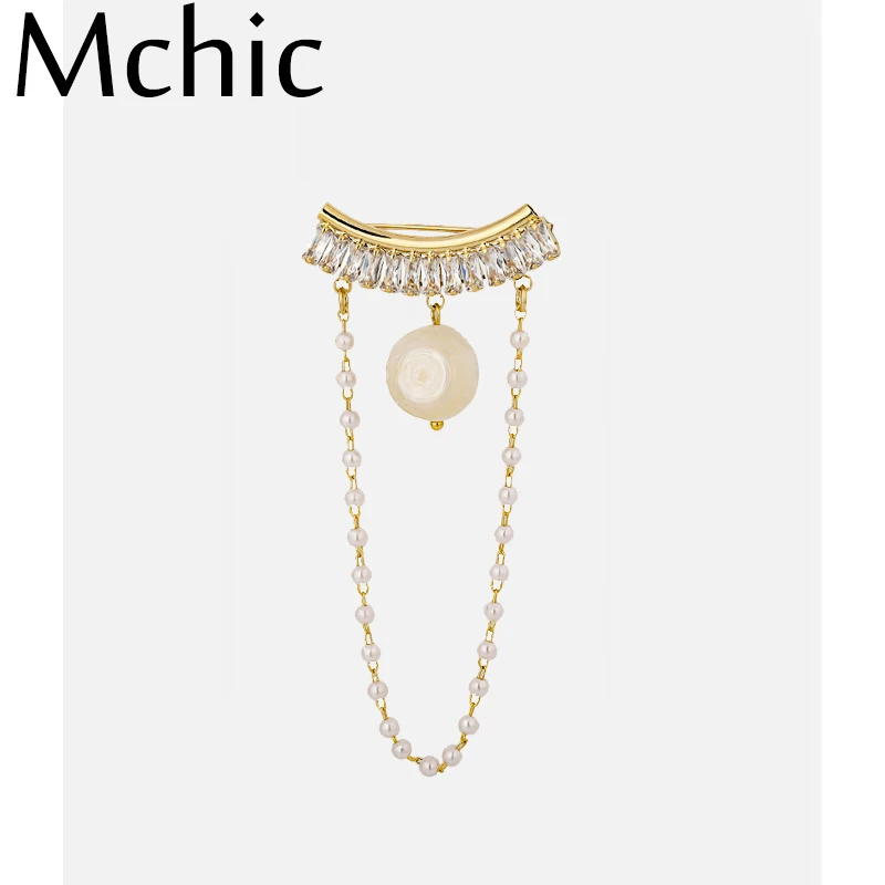 Mchic Мода CZ натуральный жемчуг броши булавка элегантная медь циркон цепь подвесная Брошь для женщин одежда подарок аксессуары