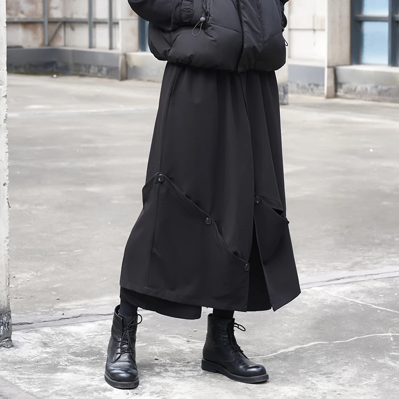 Men's new dark personality simple multi buckle double design couples with a loose leisure nine points skirt