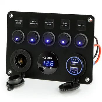 

5 Gang Car Marine Boat LED Rocker Switch Panel Waterproof 12V Dual USB Socket 4.2A Circuit Breaker Toggle Switch For BMW Audi