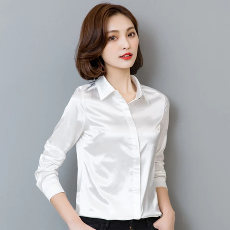 Stinlicher Satin Silk Shirt Women spring Autumn Long Sleeve Elegant Work Wear Tops Korean Fashion White Blue Black Blouse Shirt 3
