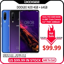 DOOGEE N20 мобильный телефон, отпечаток пальца, 6,3 дюймов, FHD+ дисплей, 16 МП, тройная задняя камера, 64 ГБ, 4 Гб, MT6763, четыре ядра, 4350 мАч, мобильный телефон LTE