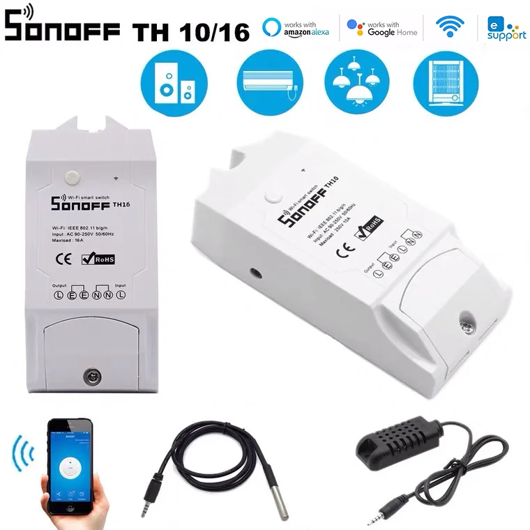 Sonoff-Interruptor de control de temperatura y humedad TH10 /TH16, dispositivo con WiFi, pantalla de temperatura en tiempo Real, funciona con eWeLink, Alexa y Google Home