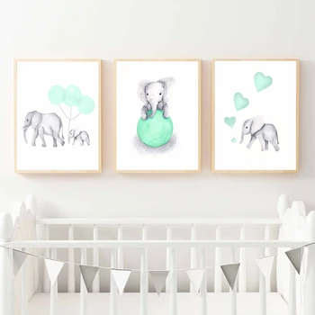 

Elephant Nursery Room Prints Painting On Canvas Animals Mint Green Balloon Heart Poster Pictures Home Decor for Kids Baby Room