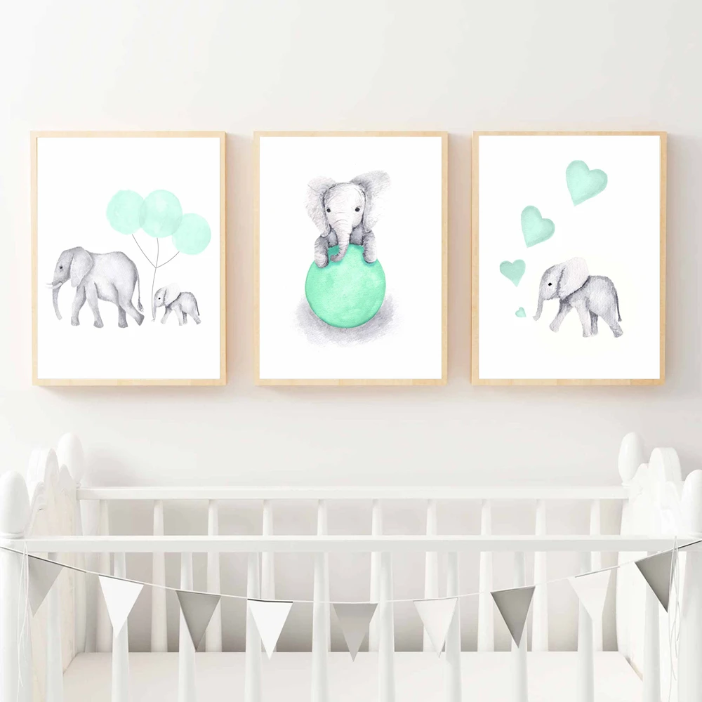 elephant nursery wall decor prints or canvases elephant wall prints mint green and navy LOVE personalized nursery elephant tree and birds